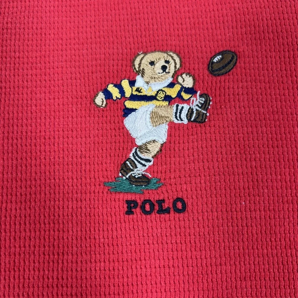 Polo Ralph Lauren Sleepwear Shirt Mens 2XL Red Waffle Knit Polo Bear‎ Rugby Top